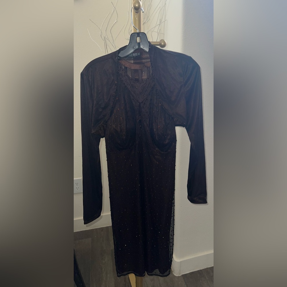 PREMIERE 2PC BROWN DRESS & JACKET & GOLDEN RHINESTONES- NWT - MED